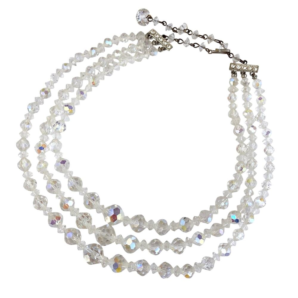 VTG Mid Century AB Crystal Triple Strand Necklace Aurora Borealis 1950s Bridal
